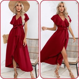 Wine Ruffled Tied Midi Dress